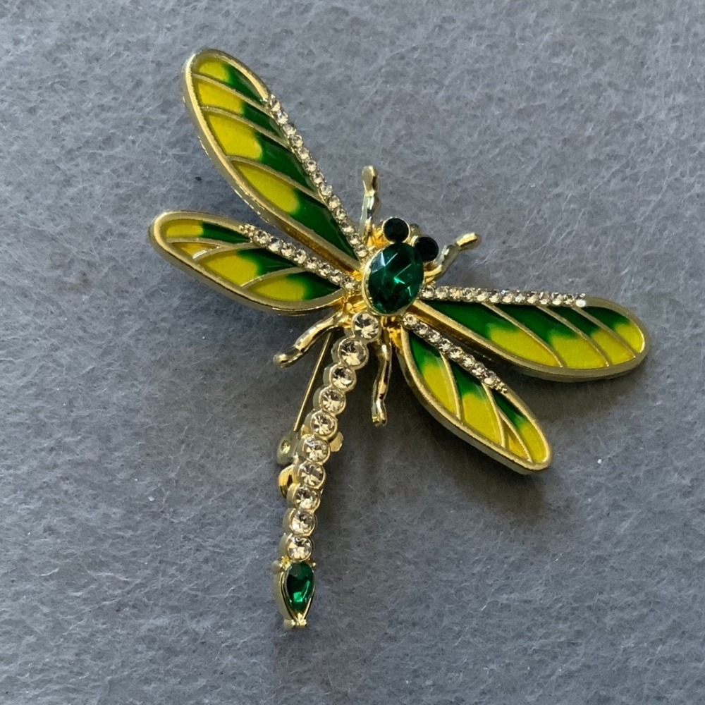 Vintage Gold Tone Green Enamel Dragonfly Brooch Rhinestone Crystal Insect Pin